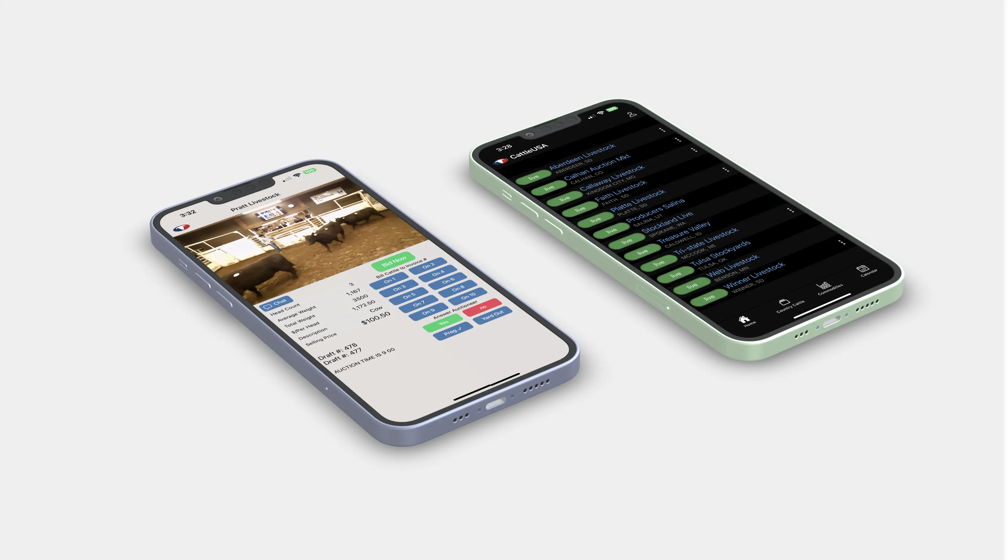 The CattleUSA iOS app on two phones, showing a live auction and the lot list